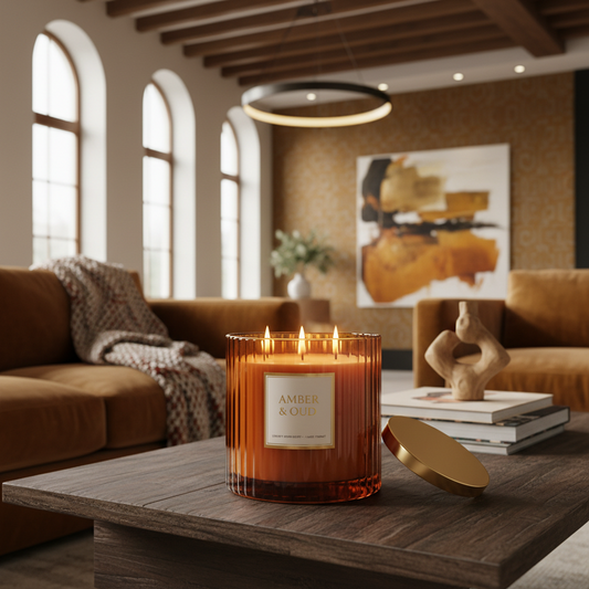 Bougie Ambre & Bois Grand Format - Parfum Durable pour Grandes Pièces